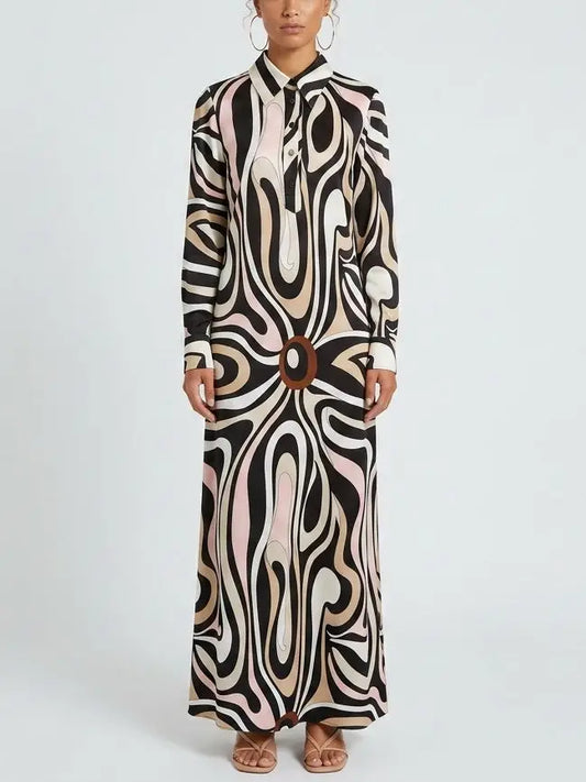 Abstract Swirl Print Long Shirt Dress - S - Dresses