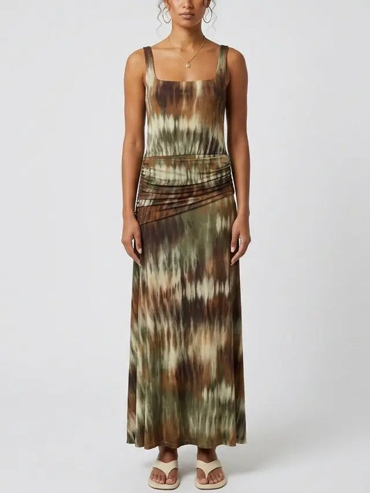 Abstract Tie-Dye Effect Print Ruched Waist Maxi Dress - Small - Dresses