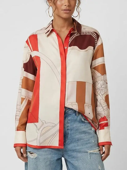 Abstract Belt and Buckle Mixed Print Silk Shirt - Tops