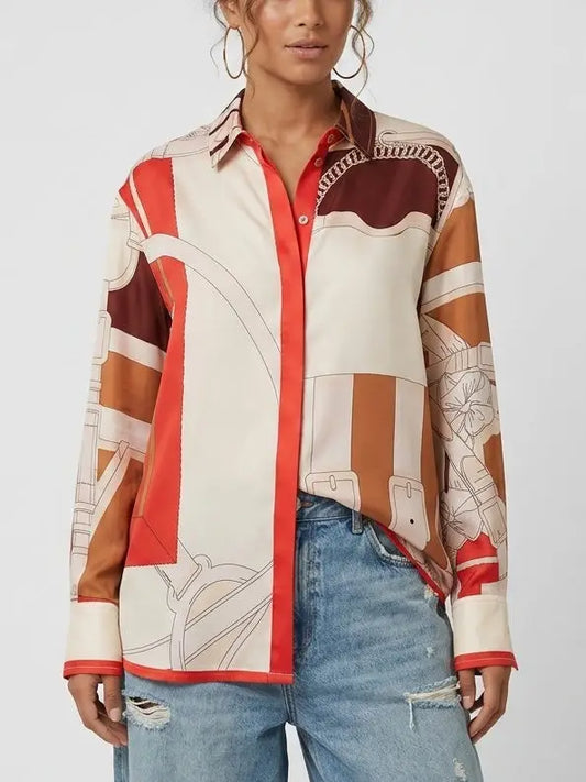 Abstract Belt and Buckle Mixed Print Silk Shirt - Tops