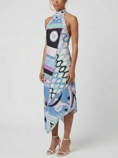 Abstract Geometric Halter Silk Asymmetric Dress - Dresses