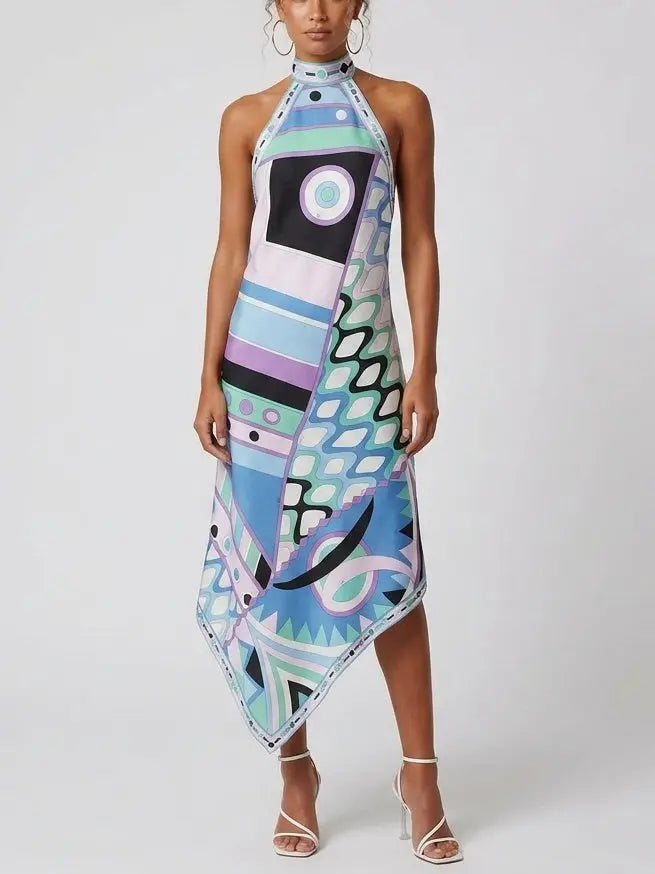 Abstract Geometric Halter Silk Asymmetric Dress