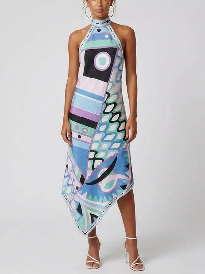 Abstract Geometric Halter Silk Asymmetric Dress - Dresses