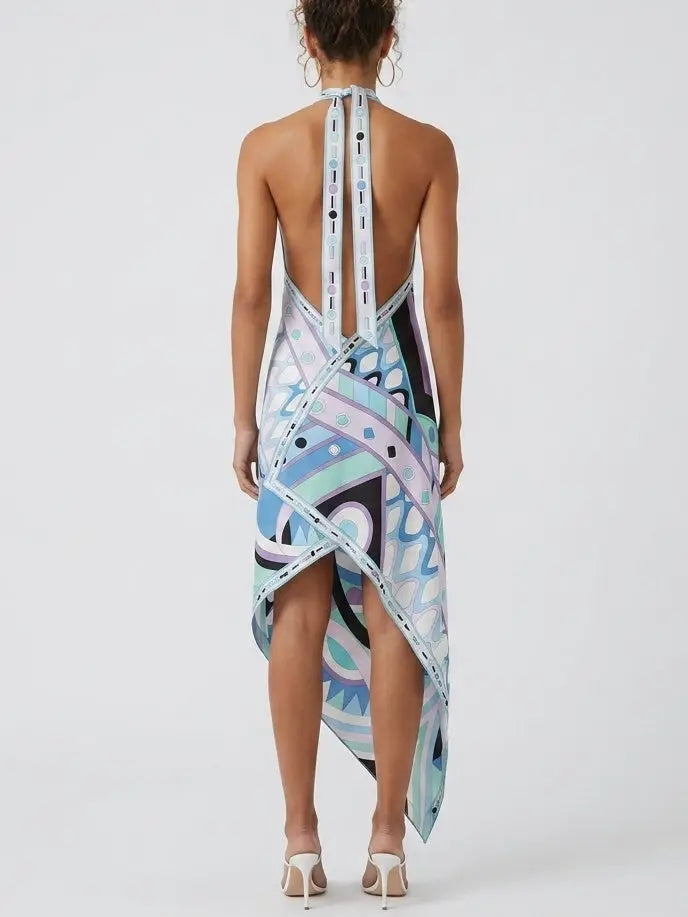 Abstract Geometric Halter Silk Asymmetric Dress - Dresses