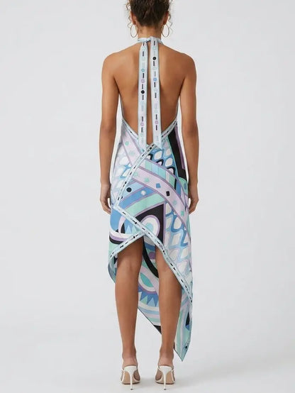 Abstract Geometric Halter Silk Asymmetric Dress - Dresses