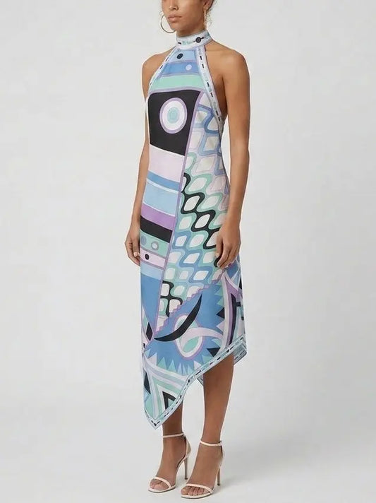 Abstract Geometric Halter Silk Asymmetric Dress - Dresses