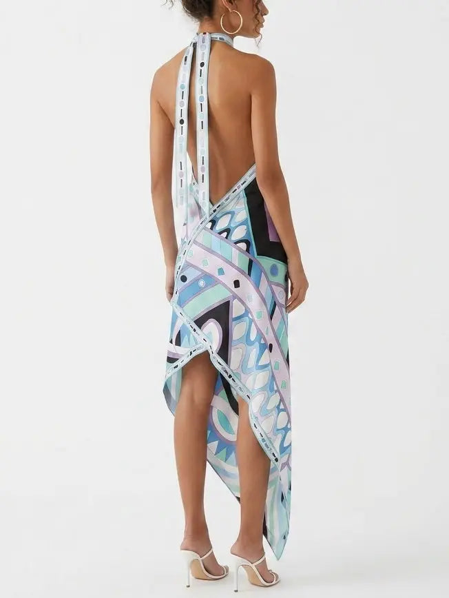 Abstract Geometric Halter Silk Asymmetric Dress - Dresses