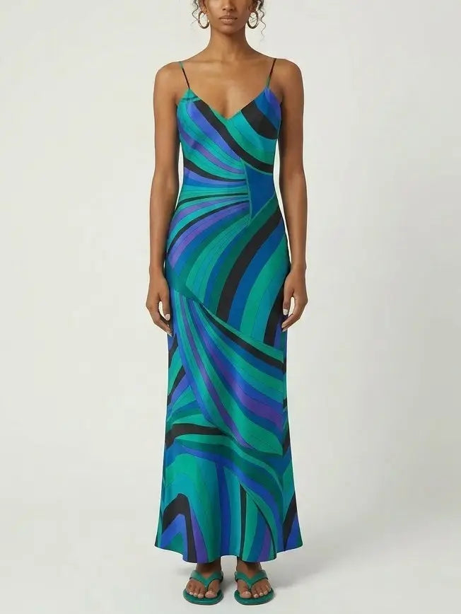 Abstract Geometric Silk Cape Maxi Dress - Dresses