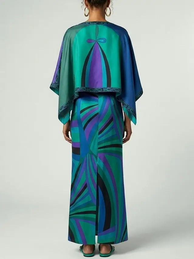 Abstract Geometric Silk Cape Maxi Dress - Dresses