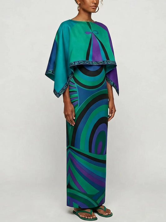 Abstract Geometric Silk Cape Maxi Dress - Dresses