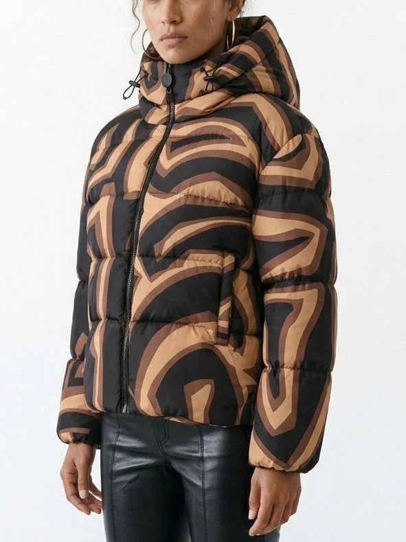 Abstract High Neck Hooded Down Puffer Jacket - Jackets