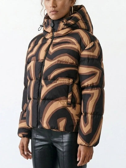 Abstract High Neck Hooded Down Puffer Jacket - Jackets
