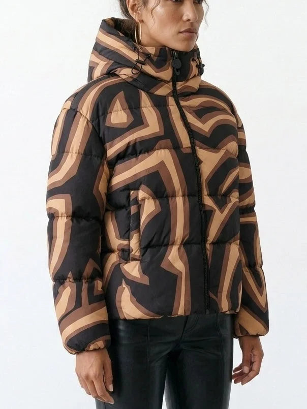Abstract High Neck Hooded Down Puffer Jacket - Jackets