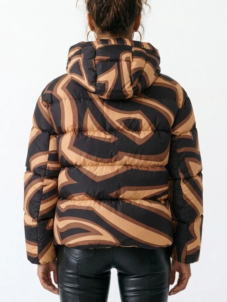 Abstract High Neck Hooded Down Puffer Jacket - Jackets