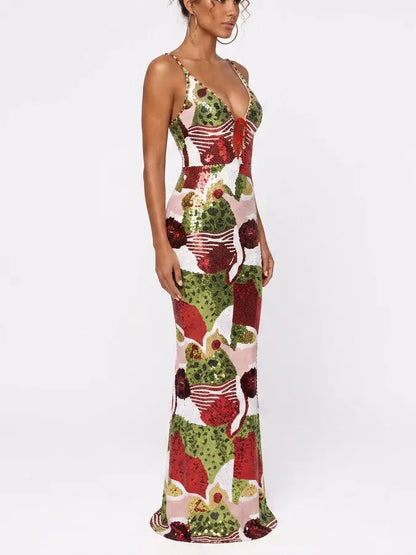 Abstract Multicolor Sequin Sheath Maxi Dress - Dresses
