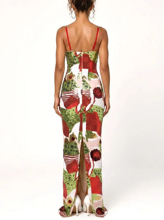 Abstract Multicolor Sequin Sheath Maxi Dress - Dresses