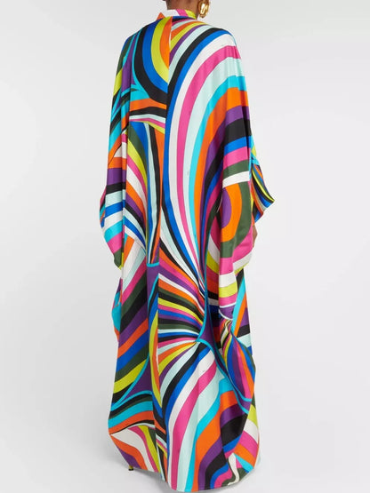 Abstract Multicolor Silk Jersey Kaftan Dress