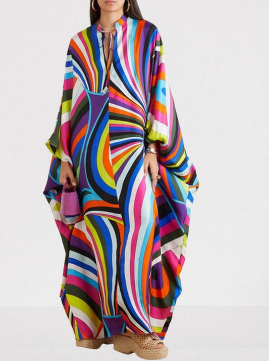 Abstract Multicolor Silk Jersey Kaftan Dress