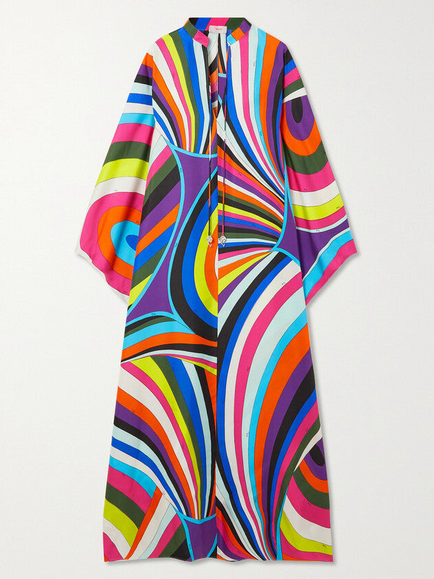 Abstract Multicolor Silk Jersey Kaftan Dress