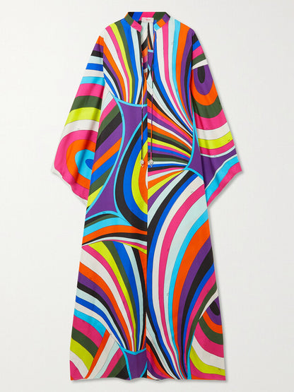 Abstract Multicolor Silk Jersey Kaftan Dress