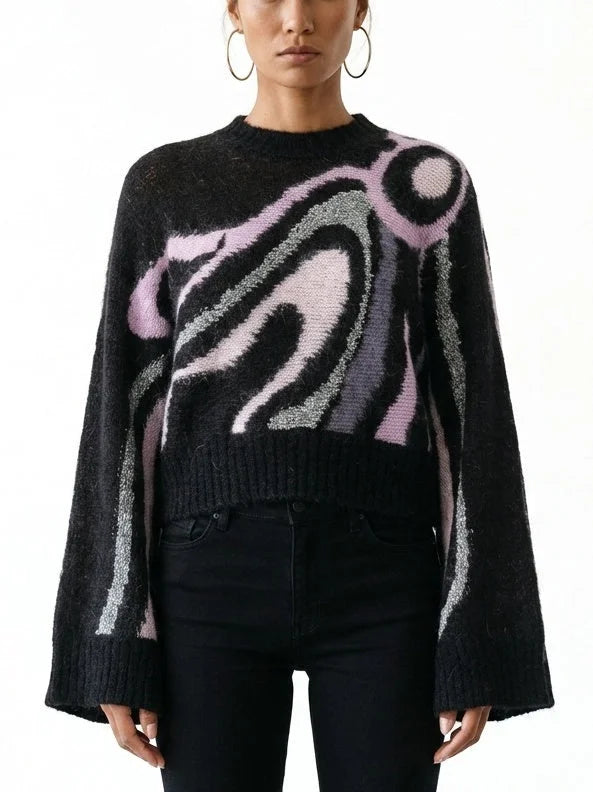 Abstract Multicolor Wool Mohair Wide Sleeve Sweater - Sweaters & Knitwear