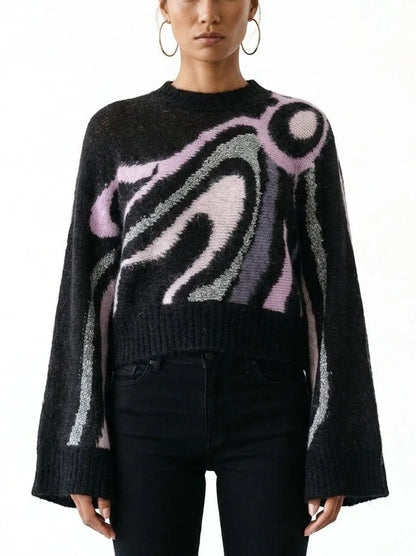 Abstract Multicolor Wool Mohair Wide Sleeve Sweater - Sweaters & Knitwear