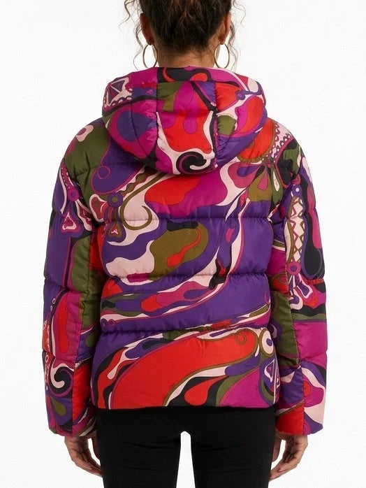 Button-Front Down Jacket with Shearling Collar - Jackets