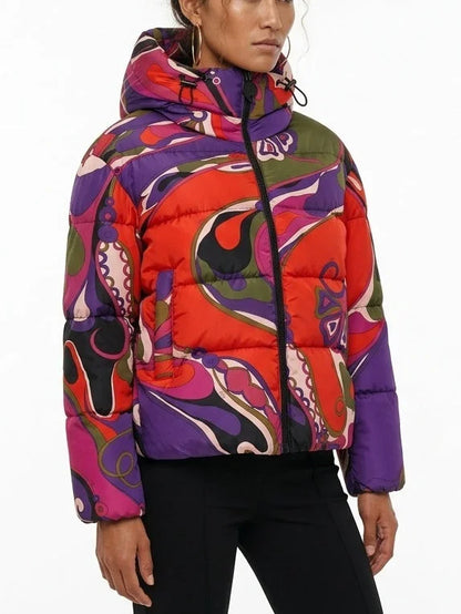 Button-Front Down Jacket with Shearling Collar - Jackets