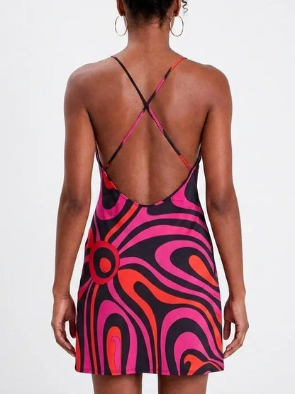 Abstract Print Silk Cowl Neck Mini Dress - Dresses