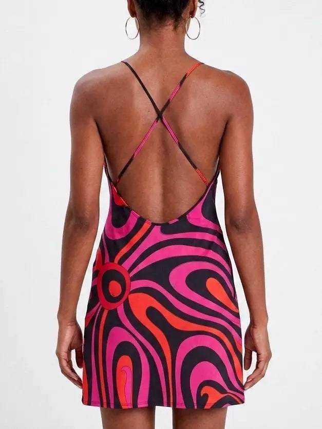 Abstract Print Silk Cowl Neck Mini Dress - Dresses
