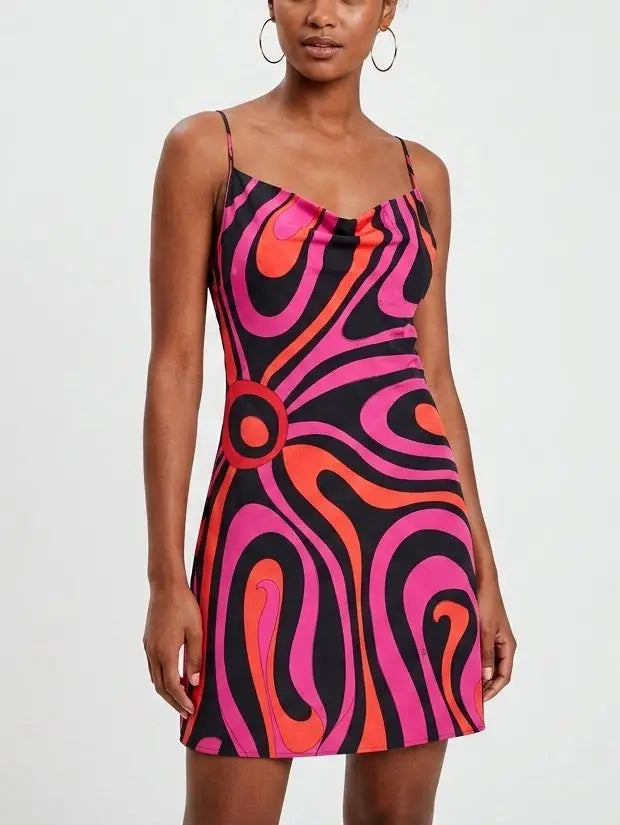 Abstract Print Silk Cowl Neck Mini Dress - Dresses