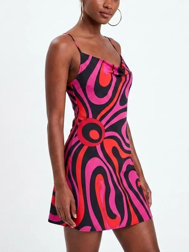 Abstract Print Silk Cowl Neck Mini Dress - Dresses