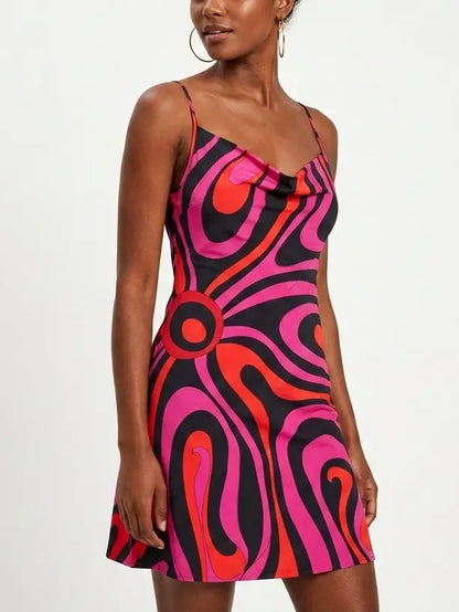 Abstract Print Silk Cowl Neck Mini Dress - Dresses