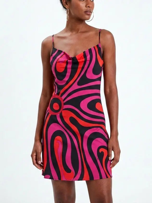 Abstract Print Silk Cowl Neck Mini Dress - Dresses