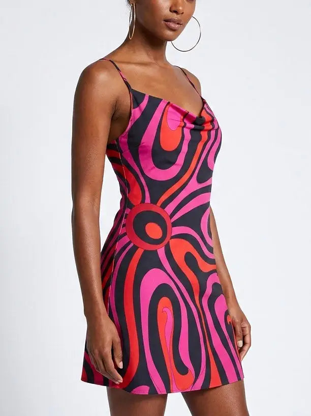 Abstract Print Silk Cowl Neck Mini Dress - Dresses