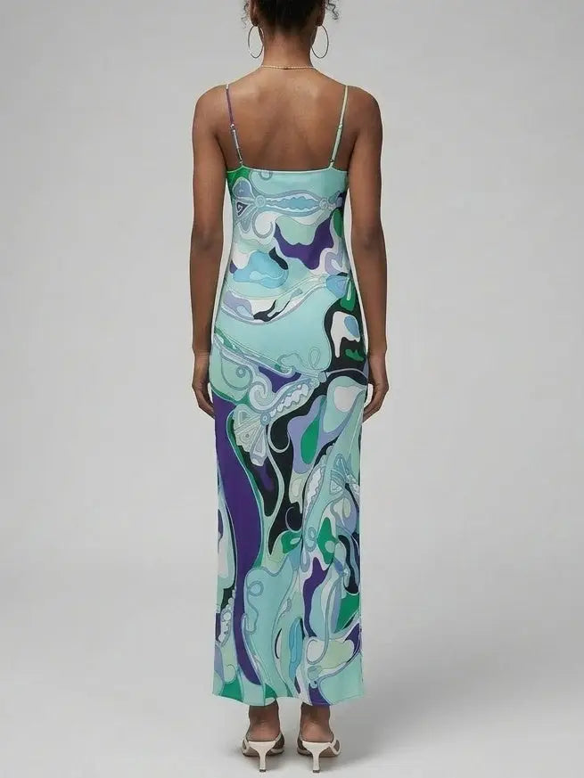 Abstract Print Silk Maxi Slip Dress - Dresses