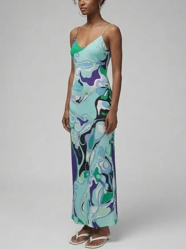 Abstract Print Silk Maxi Slip Dress - Dresses