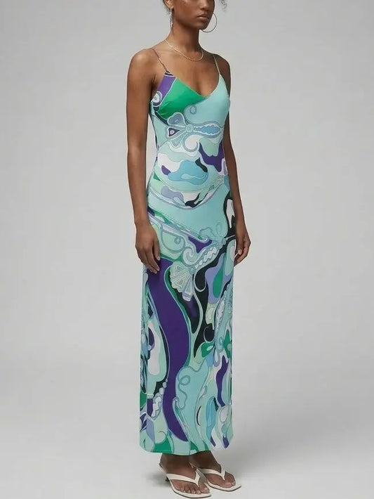 Abstract Print Silk Maxi Slip Dress - Dresses
