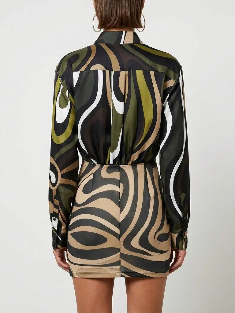 Abstract Print Silk Shirt Mini Dress - Dresses