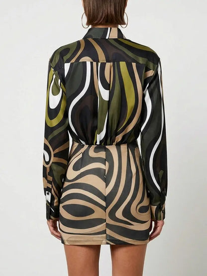 Abstract Print Silk Shirt Mini Dress - Dresses