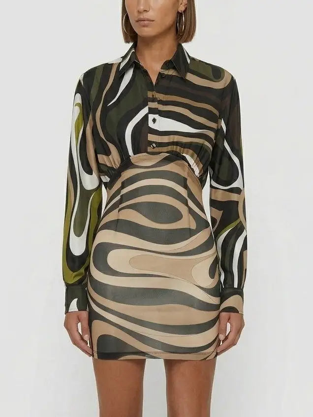 Abstract Print Silk Shirt Mini Dress - Dresses