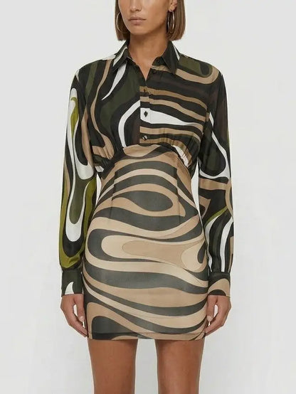 Abstract Print Silk Shirt Mini Dress - Dresses