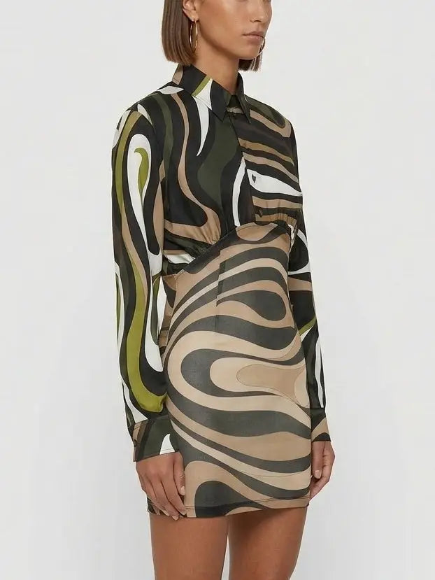 Abstract Print Silk Shirt Mini Dress - Dresses