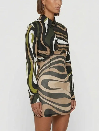 Abstract Print Silk Shirt Mini Dress - Dresses