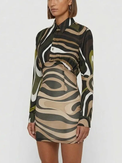 Abstract Print Silk Shirt Mini Dress - Dresses