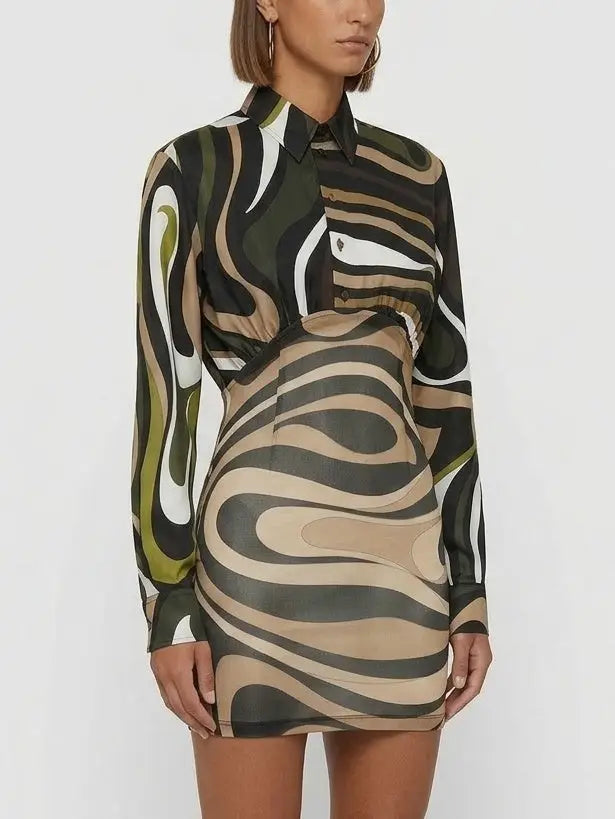 Abstract Print Silk Shirt Mini Dress - Dresses