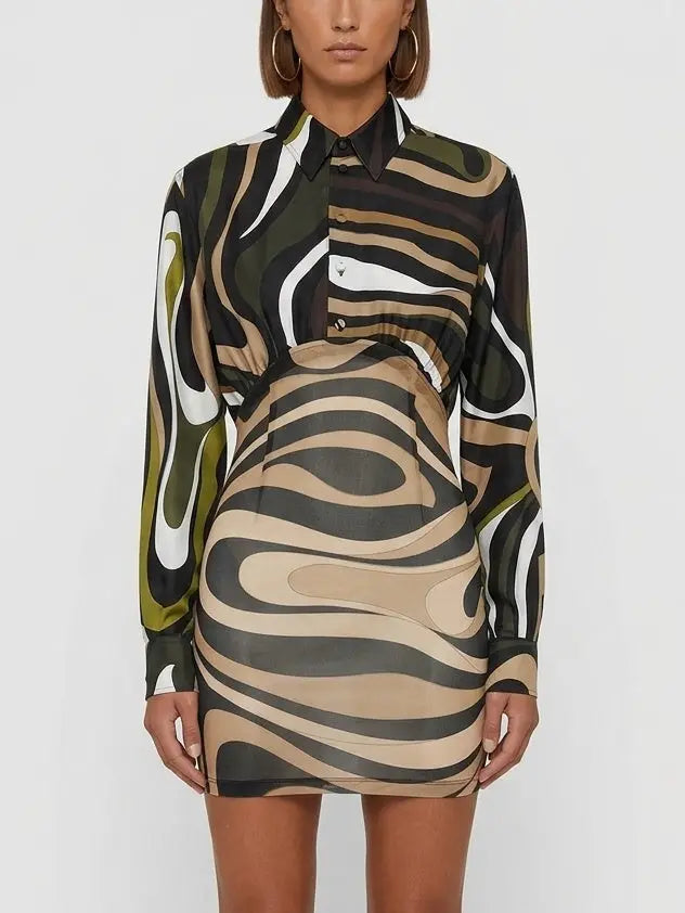 Abstract Print Silk Shirt Mini Dress - S - Dresses
