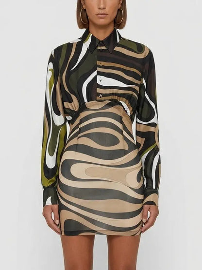 Abstract Print Silk Shirt Mini Dress - S - Dresses