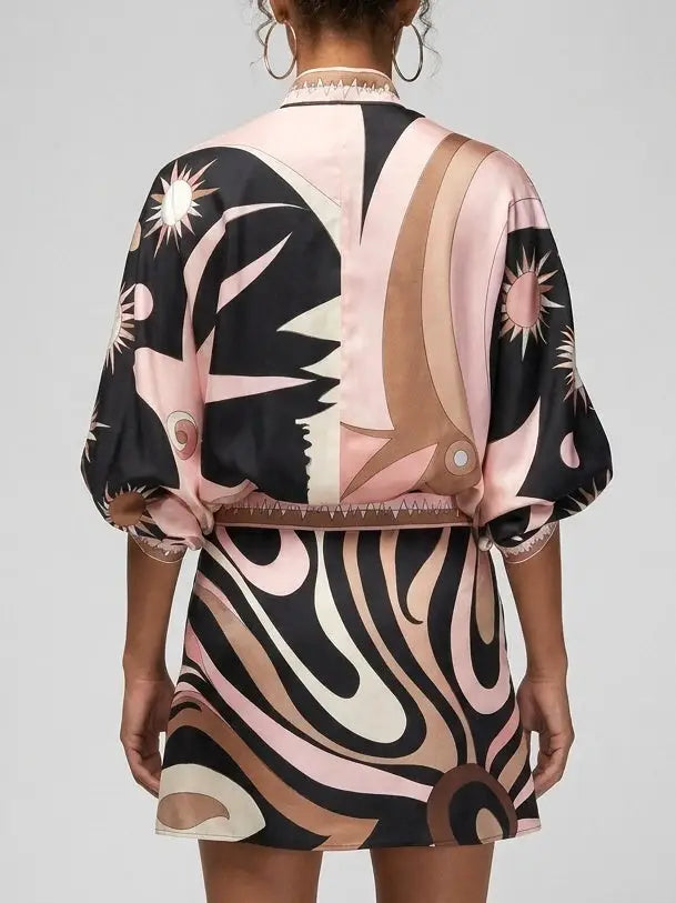 Abstract Print Silk Tie-Neck Mini Dress - Dresses