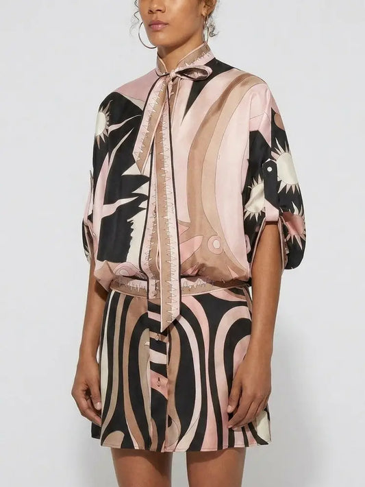Abstract Print Silk Tie-Neck Mini Dress - Dresses